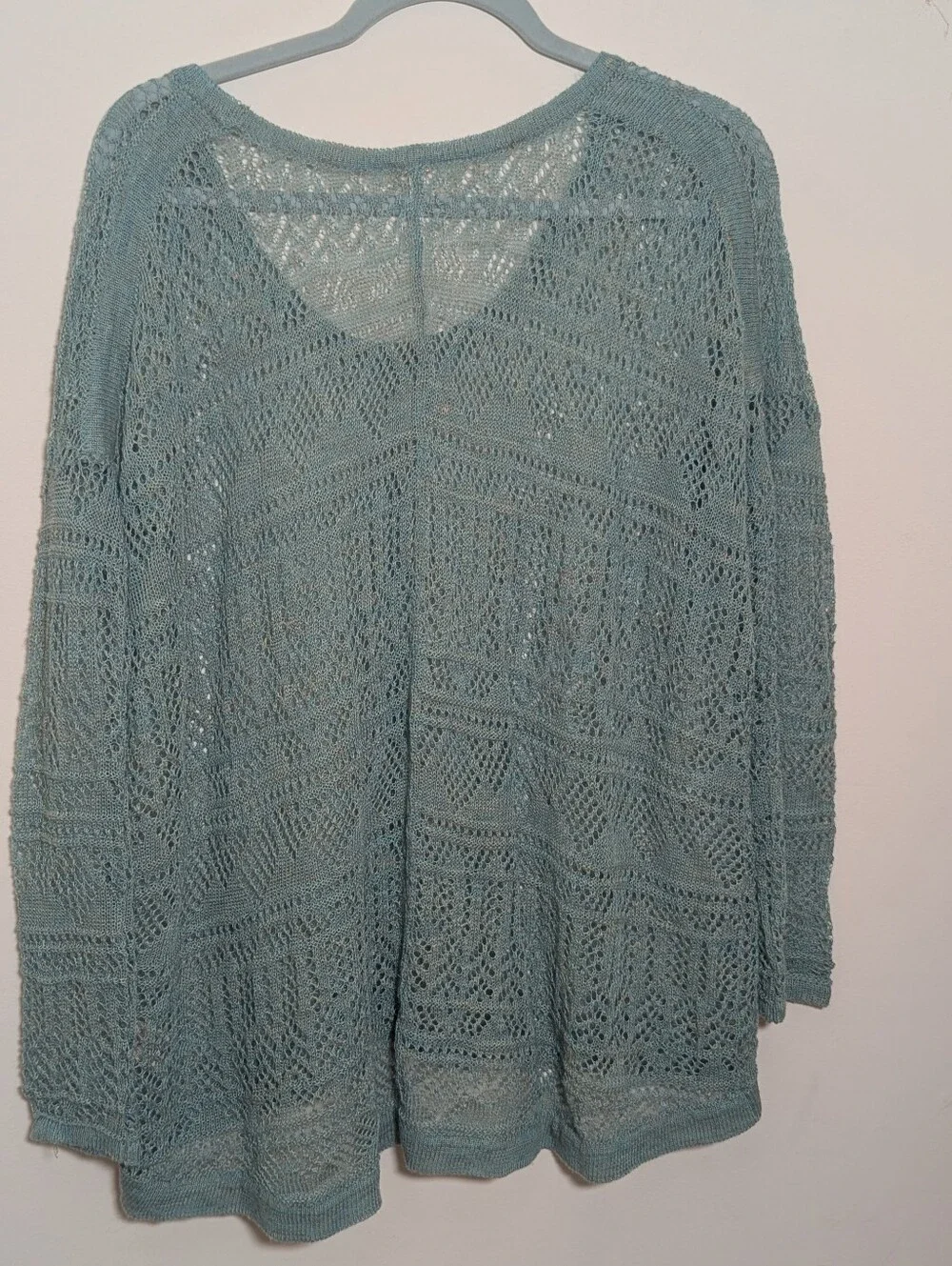 Free People Open Knit Linen Blend Boho Sweater | Aqua Blue Pointelle Pullover M